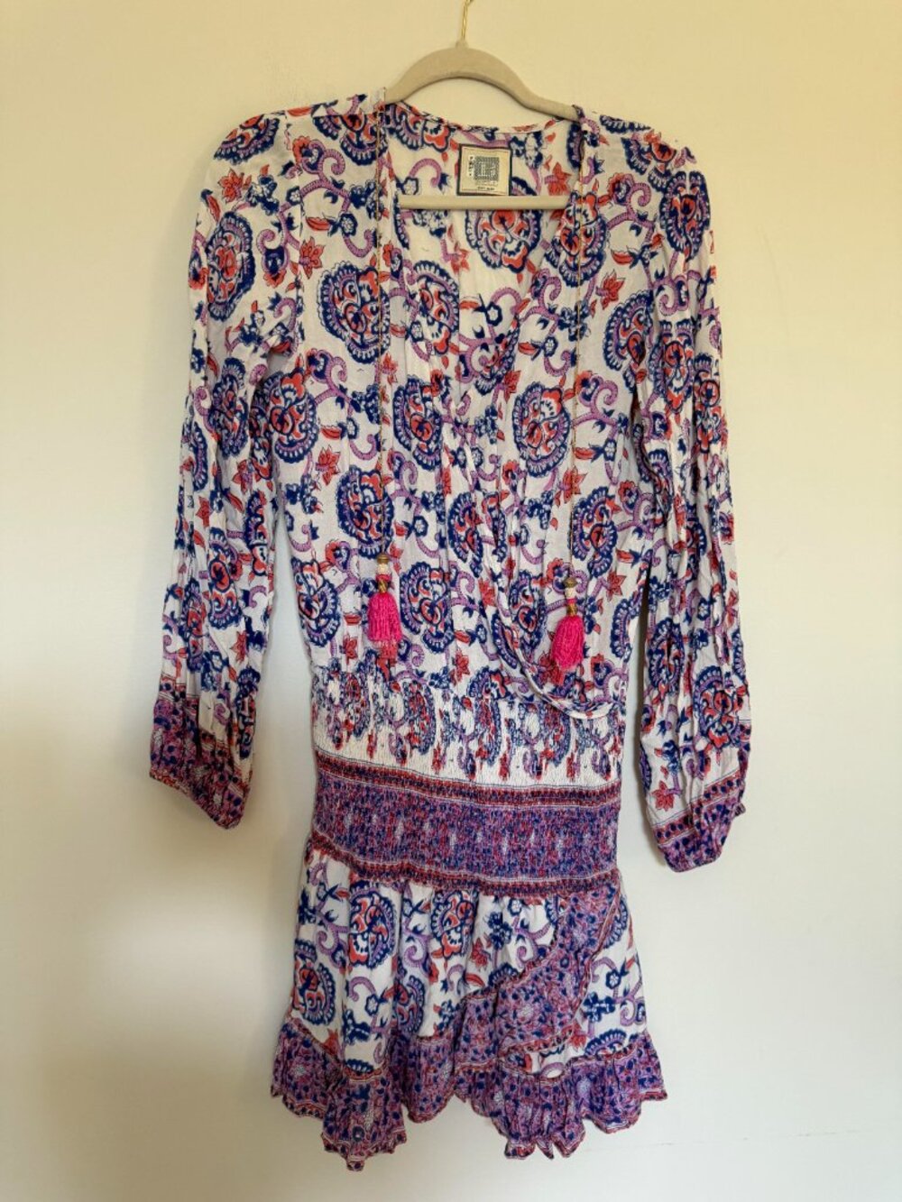 BELL by Alicia Bell Paisley Smocked Mini Dress Boho Cottagecore Purple Blue - M
